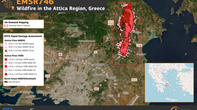 Copernicus: Δορυφόρος κατέγραψε την τεράστια έκταση της φωτιάς στη βορειοανατολική Αττική - Δείτε LIVE εικόνα από το πύρινο μέτωπο