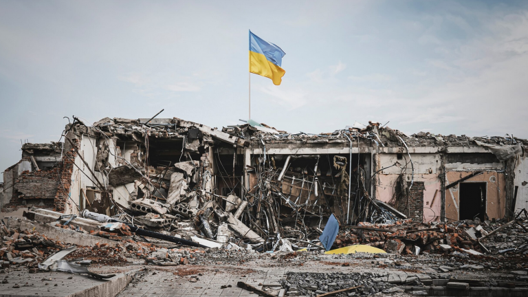 ukraine war flag ruins